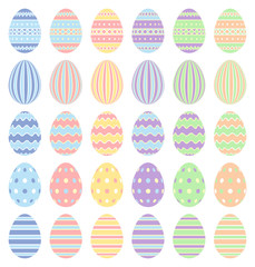 Happy Easter. Pastel collection of Easter eggs with different pattern isolated on a white background.