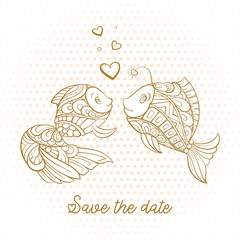 Vector doodle cute fishes couple. Cartoon style wedding invitation