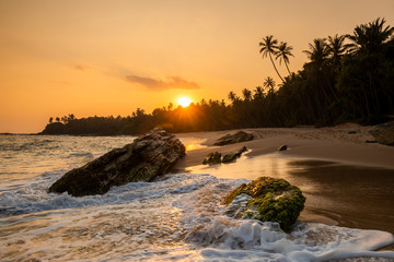 Beautiful sunset on the beach with palms on a Seychelles - obrazy, fototapety, plakaty