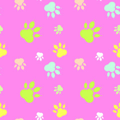 Paw pattern, seamless vector pattern silhouettes of paw, cat's feet, dog's footprint. Multicolor on pink background