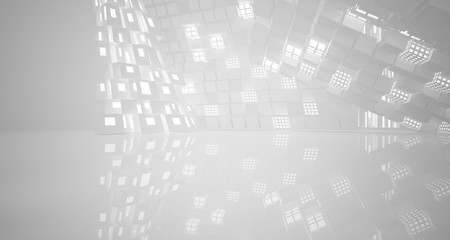 Abstract parametric white interior with neon lighting. 3D illustration and rendering.