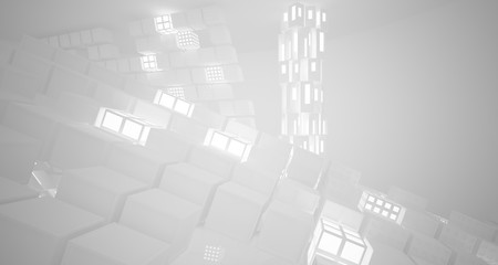 Abstract parametric white interior with neon lighting. 3D illustration and rendering.