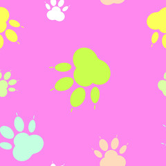 Paw pattern, seamless vector pattern silhouettes of paw, cat's feet, dog's footprint. Multicolor on pink background