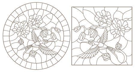 A set of contour illustrations of stained glass Windows with hummingbirds and orchids, round and rectangular images