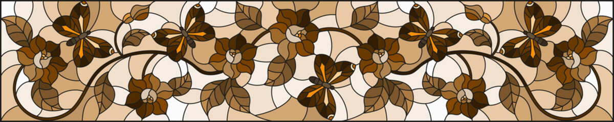 Illustration in stained glass style with abstract curly  flower and   butterfly on brown background , horizontal image, Sepia,monochrome