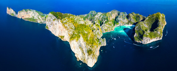 View from above, panoramic aerial view of Koh Phi Phi Leh with the beautiful beach of Maya Bay...
