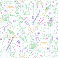 Seamless pattern on the theme of travel in the country of Russia, a simple outline of cartoon icons with a typical country characters, painted with colored markers on the clean writing-book sheet in a