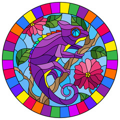 Illustration in stained glass style with bright purple chameleon on plant branches background with leaves and flowers on blue background,round image in bright frame