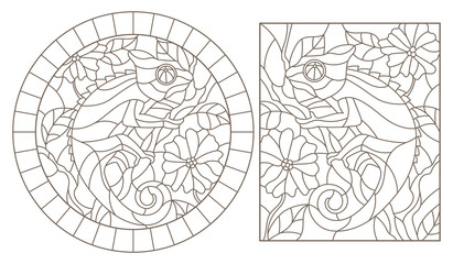 A set of contour illustrations with chameleons on the background of branches of a flowering plant, dark contours on a white background