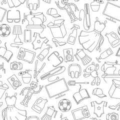 Seamless pattern on a variety of products and shopping, simple purchase icons, dark contours on a white background