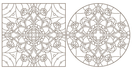 Set of contour illustrations with abstract floral patterns, round and square image, dark contours on white background