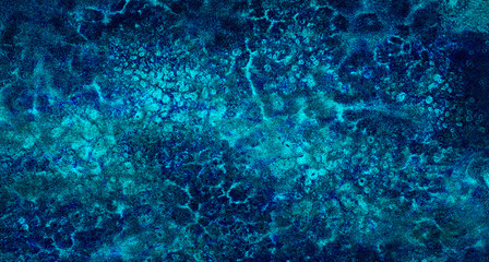 Cosmic neon light blue watercolor background. Paper textured aquarelle deep black canvas for modern creative design. Ocean foam and sea texture multicolor water color paint illustration