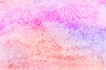 Multicolor hand drawn illustration. Abstract pastel light red, pink and purple shades watercolor background. Aquarelle paint paper textured canvas element for vintage text design, retro card.