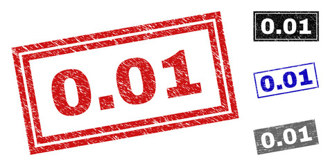 Grunge 0.01 rectangle stamp seals isolated on a white background. Rectangular seals with distress texture in red, blue, black and gray colors. Vector rubber imitation of 0.