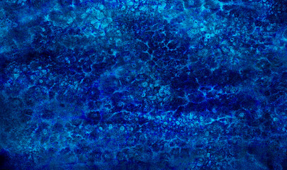 Cosmic neon light blue watercolor background. Paper textured aquarelle deep black canvas for modern creative design. Ocean foam and sea texture multicolor water color paint illustration