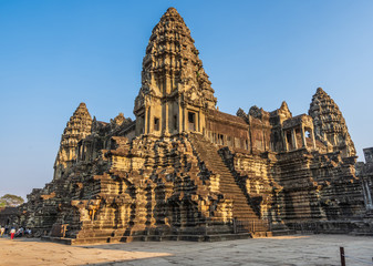 Third level of Angkor Wat temple with lotus bud shaped towers and covered galleries