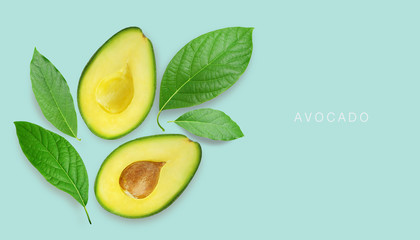 Avocado with leaves  on a blue background, with clipping path