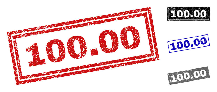 Grunge 100.00 rectangle stamp seals isolated on a white background. Rectangular seals with distress texture in red, blue, black and gray colors. Vector rubber overlay of 100.