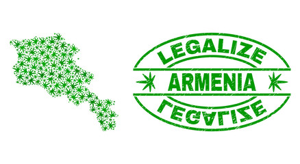 Vector marijuana Armenia map mosaic and grunge textured Legalize stamp seal. Concept with green weed leaves. Concept for cannabis legalize campaign.