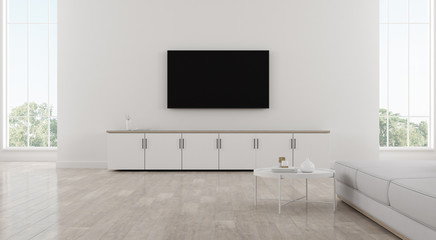 View of white living room in minimal style with furniture on bright laminate floor.Interior design with TV and cabinet.on white wall, 3d rendering.	