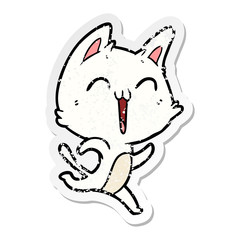 distressed sticker of a happy cartoon cat