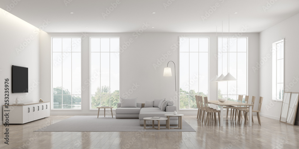 Aufkleber view of white living room in minimal style with furniture on bright laminate floor.interior design w