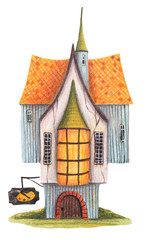 Colored pencils drawing house - "Artist's house". Hand drawn illustration.