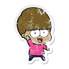 distressed sticker of a happy cartoon boy waving