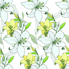 Vector Lily floral botanical flower. Engraved ink art. Seamless background pattern. Fabric wallpaper print texture.