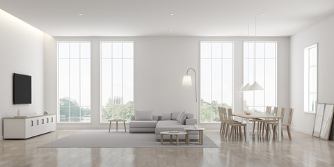 View of white living room in minimal style with furniture on bright laminate floor.Interior design with TV and sofa set on tree background. 3d rendering.	
