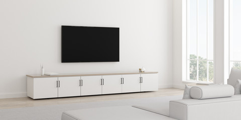 Naklejka na ściany i meble View of white living room in minimal style with furniture on bright laminate floor.Interior design with TV and cabinet.on white wall, 3d rendering. 