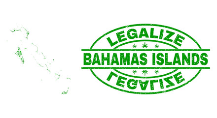 Vector cannabis Bahamas Islands map collage and grunge textured Legalize stamp seal. Concept with green weed leaves. Concept for cannabis legalize campaign.
