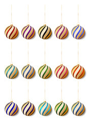 Christmas ball with geometric line pattern for holiday decoration. Christmas balls vector illustration in different colors. Set of 15 for tree decorations, banner, poster and advertising. 