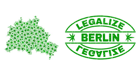 Vector marijuana Berlin City map collage and grunge textured Legalize stamp seal. Concept with green weed leaves. Concept for cannabis legalize campaign.