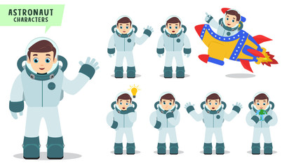 Astronaut vector character set. Astronaut kids talking and riding rocket with hand gestures and poses for science and astronomy presentation. Vector illustration.