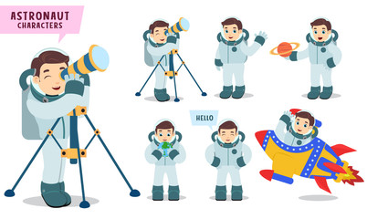 Astronaut characters vector set Spaceman kid holding telescope and preparing for outer space exploration isolated in white background. Vector illustration.