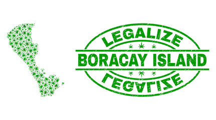 Vector cannabis Boracay Island map mosaic and grunge textured Legalize stamp seal. Concept with green weed leaves. Concept for cannabis legalize campaign.
