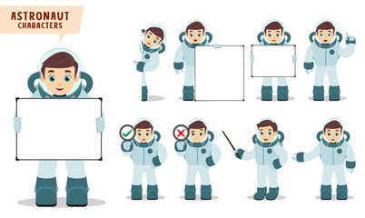 Astronaut kid vector character set. Spaceman holding empty whiteboard for text teaching and showing astronomy and science presentation. Vector illustration.
