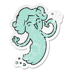 distressed sticker cartoon doodle of a happy pink ghost