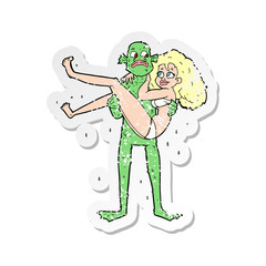 retro distressed sticker of a cartoon swamp monster carrying woman in bikini