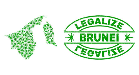 Vector marijuana Brunei map collage and grunge textured Legalize stamp seal. Concept with green weed leaves. Concept for cannabis legalize campaign. Vector Brunei map is designed with cannabis leaves.