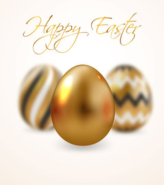 Happy Easter greeting card, golden eggs set with geometric pattern. Vector
