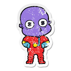 distressed sticker of a cartoon weird bald spaceman