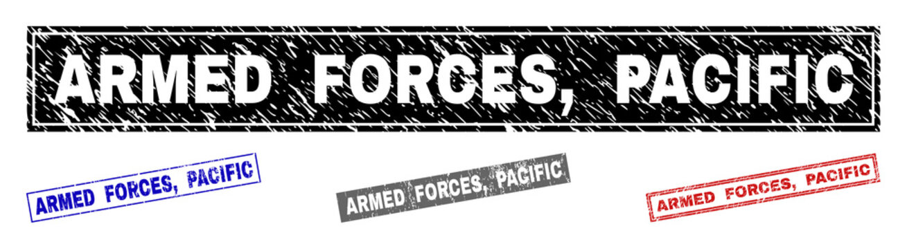 Grunge ARMED FORCES, PACIFIC rectangle stamp seals isolated on a white background. Rectangular seals with grunge texture in red, blue, black and grey colors. Vector rubber watermark of ARMED FORCES,