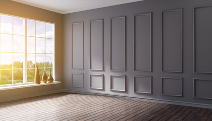 3d illustration of gorgeous classical interior full of light on sunny day. Gray plaster walls with molding paneling, hardwood floor, big french window.