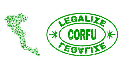 Vector cannabis Corfu Island map collage and grunge textured Legalize stamp seal. Concept with green weed leaves. Concept for cannabis legalize campaign.
