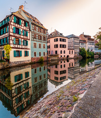 Traditional half-timbered houses on picturesque canals in La Petite France in the medieval fairytale town of Strasbourg, UNESCO World Heritage Site, Alsace, France