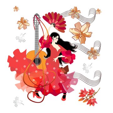 Acoustic guitar, treble clef, sheet music, beautiful Spanish girl, dressed in traditional red dress and with fan in her hand, dancing flamenco, and falling flowers on white background. Concert poster.