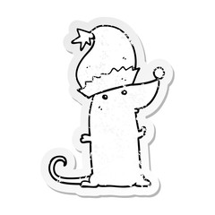 distressed sticker of a cartoon rat wearing christmas hat