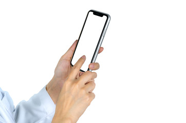 Woman's hand holding and using smartphone. Closeup hand touching smartphone with blank screen isolated on white background and copy space for text. Mobile phone with blank screen. Online marketing.